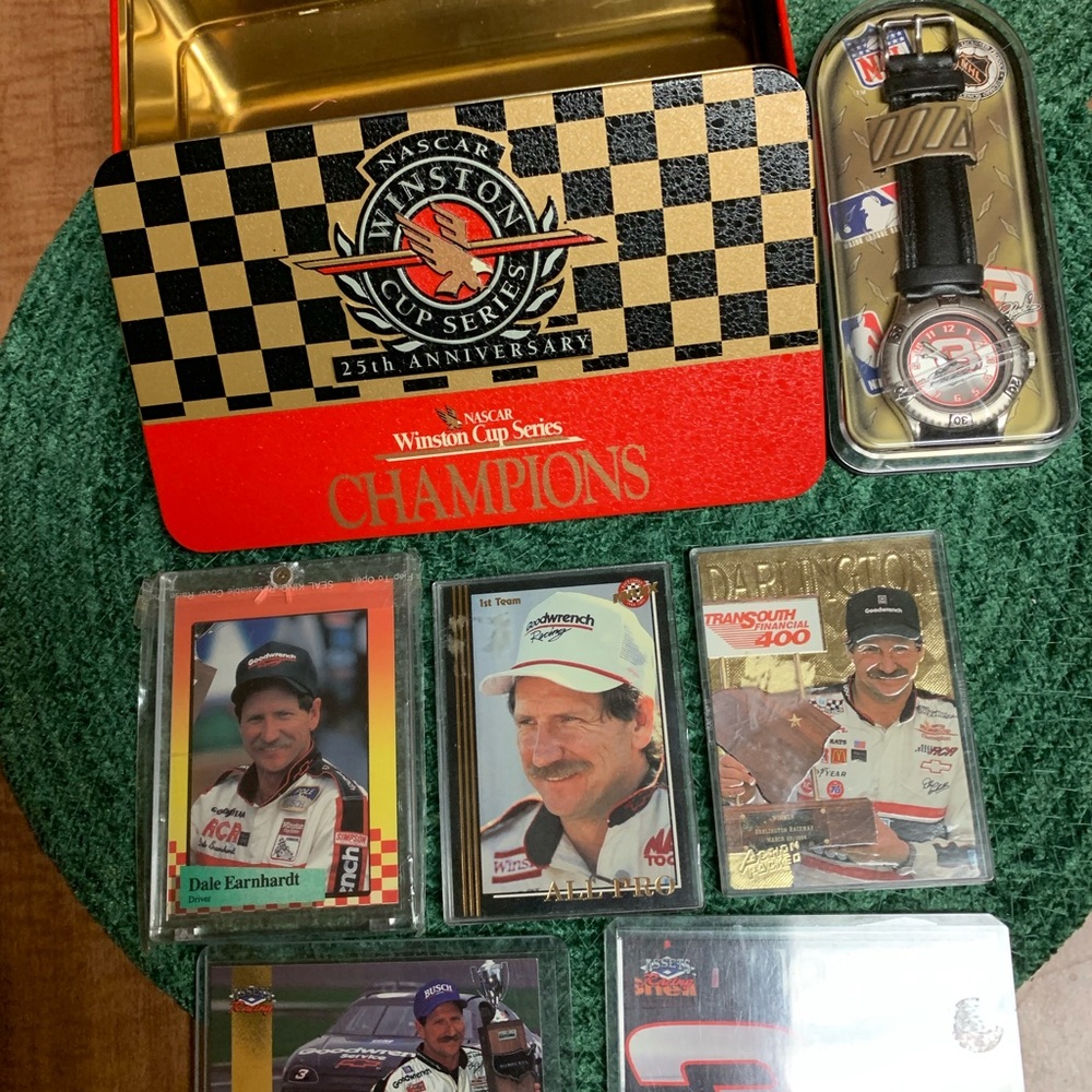 Dale Earnhardt Collectable cards ,watch and playing cards in a Winston Cup Tin